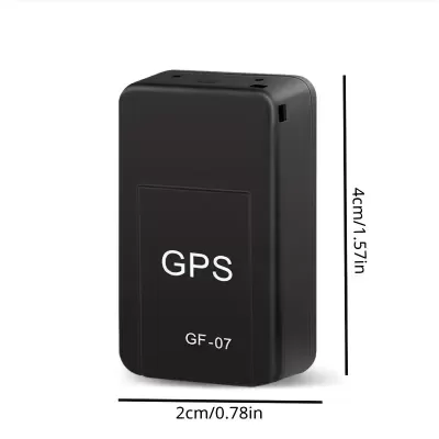 Dispositivo GPS preto pequeno GF-07 com texto branco e dimensões mostradas