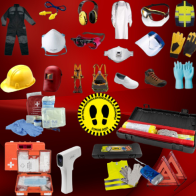 Equipamentos de proteção individual e kits de primeiros socorros organizados sobre fundo vermelho
