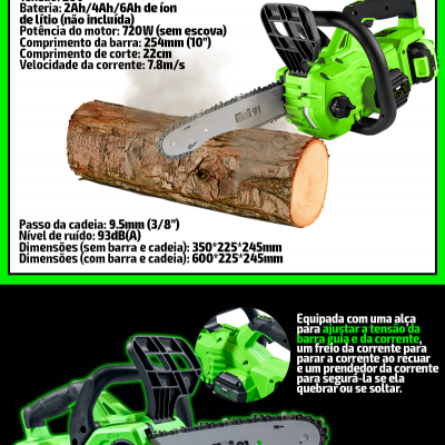 Motosserra elétrica verde e preta com barra e corrente, texto técnico em português, ferramentas e acessórios de proteção à vista