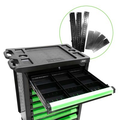 Carrinho de ferramentas preto com gavetas verdes neon e organizadores