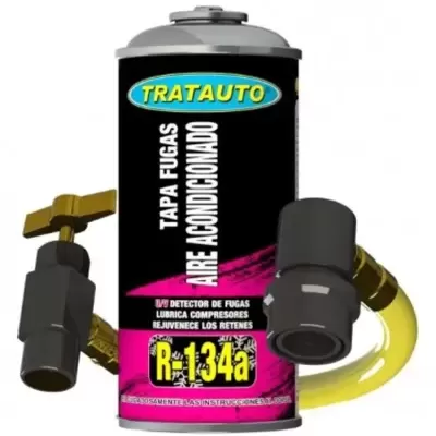 Spray TRATAUTO tapa fugas ar condicionado com tubo amarelo e conexões