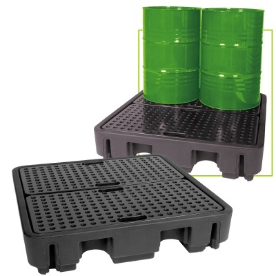 Palete de retenção plástico preto e tambores verdes