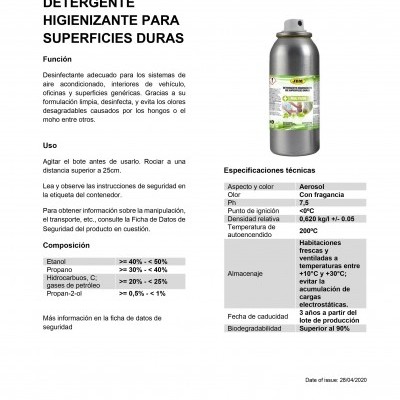 Ficha técnica do detergente higienizante JBM em aerosol para superfícies duras com rótulo colorido e texto em espanhol