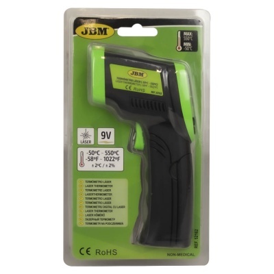 Termómetro laser JBM tipo pistola preto e verde em embalagem plástica