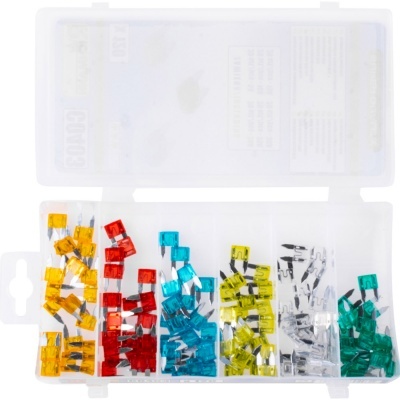 Conjunto de mini fusíveis automóveis coloridos organizados em caixa plástica branca