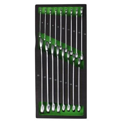 Conjunto de chaves de boca e caixa metálicas em suporte preto e verde