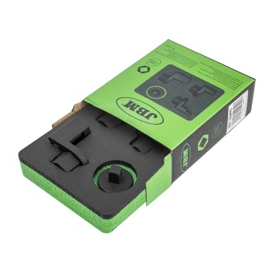 Conjunto de ferramentas JBM em embalagem verde e preta com peças plásticas pretas