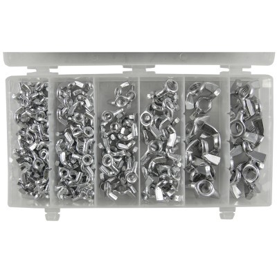 Caixa transparente com porcas de metal cromado organizadas em compartimentos