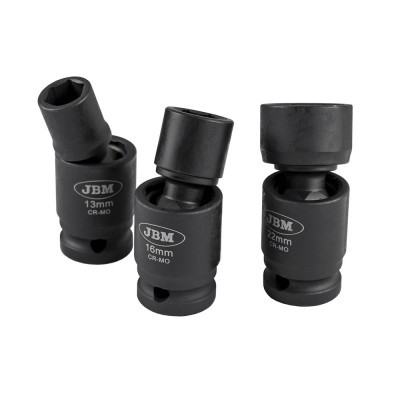 Três soquetes de impacto de metal preto com tamanhos 13mm, 16mm e 22mm, marca JBM
