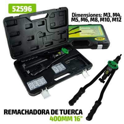 Remachadora de tuerca preta e verde com caixa preta aberta e quatro caixas pequenas de remaches.