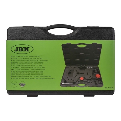 Estojo de ferramentas preto com etiqueta verde e texto KIT EXTRACTOR DE EMBREAGEM DUPLA PARA FORD