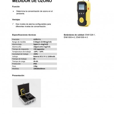 Folheto técnico JBM Medidor de Ozono com dispositivo amarelo e caixa metálica
