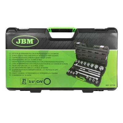 Estojo de ferramentas JBM preto e verde com 21 peças e texto descritivo na caixa