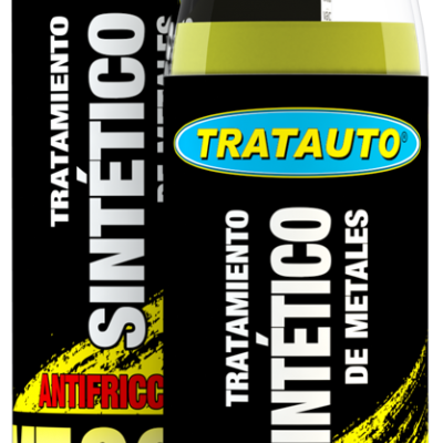 Dois frascos com líquido amarelo e rótulos pretos do produto TRATAUTO MT 2000 antifricção para tratamento de metais