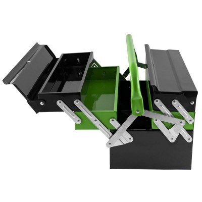 Caixa de ferramentas metálica preta e verde com compartimentos móveis abertos