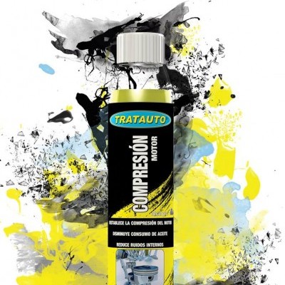 Frasco de produto para motor TRATAUTO com rótulo predominantemente preto e texto em espanhol