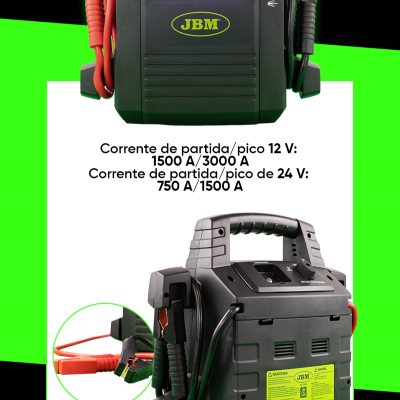 Carregador portátil JBM para partida com cabos vermelho e preto, painel com botões e medidores, fundo verde e preto