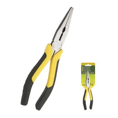 Alicate ponta longa preto e amarelo com embalagem verde