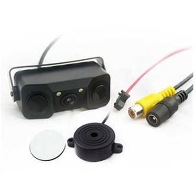 Câmara de segurança preta com sensores e cabos com conectores coloridos