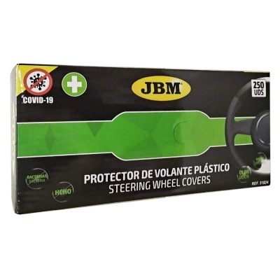 Embalagem de protector de volante plástico da marca JBM preto e verde com texto e símbolos de COVID-19