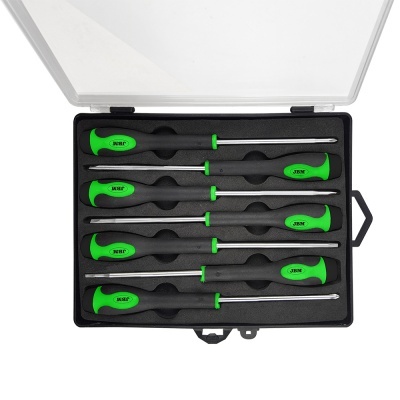 Conjunto de seis chaves de fendas com cabos verdes e pretos num estojo transparente