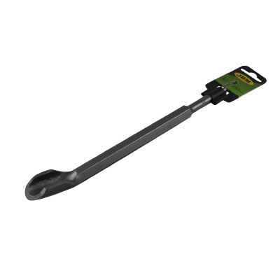 Ferramenta metálica com cabo preto e ponta curva com etiqueta STANLEY