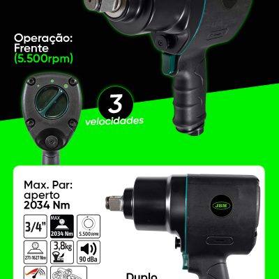 Chave de impacto preta com especificações técnicas em fundo preto e verde