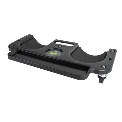 Suporte preto com rodas e nível de bolha embutido