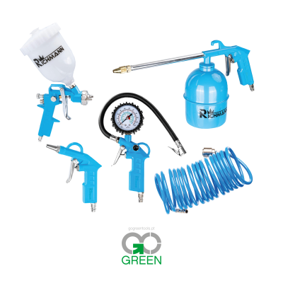 Conjunto de ferramentas pneumáticas RICHMANN com pistolas, medidor de pressão e mangueira azul.