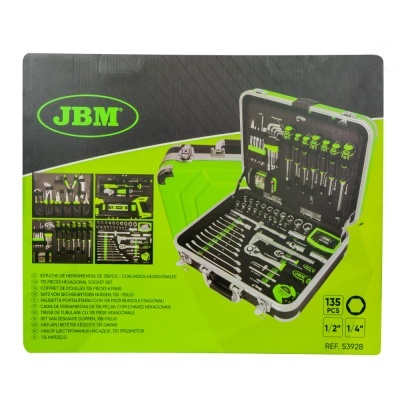 Conjunto de ferramentas JBM 135 peças numa mala preta e verde