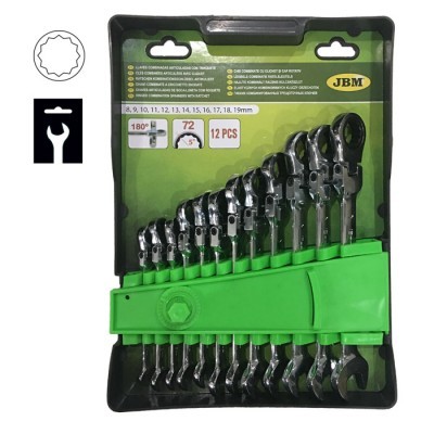 Conjunto de 12 chaves combinadas cromadas JBM com suporte verde