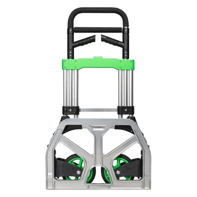 Carrinho de transporte dobrável prateado com detalhes verdes e pretos e duas rodas