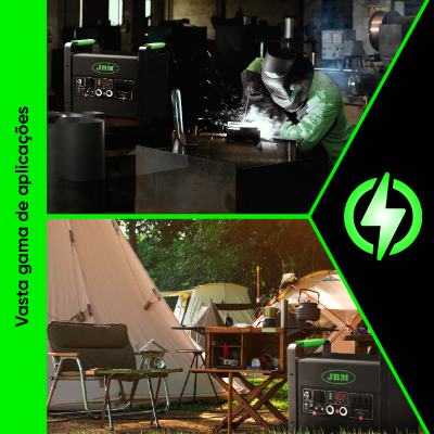 Máquina JBM preta usada em oficina para soldagem e em campismo ao ar livre com tenda e mobiliário