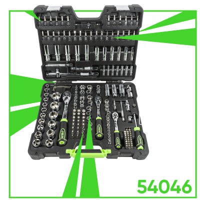 Conjunto de ferramentas em caixa preta com texto branco e detalhes verdes