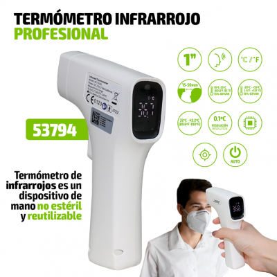 Termómetro infravermelho profissional branco com ecrã digital preto, usado para medição de temperatura na testa de uma pessoa com máscara.