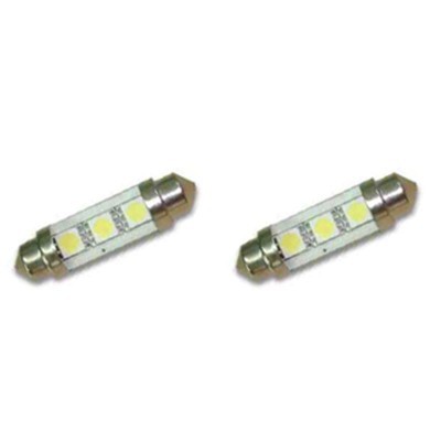 Duas lâmpadas LED pequenas com três chips amarelos e terminais metálicos