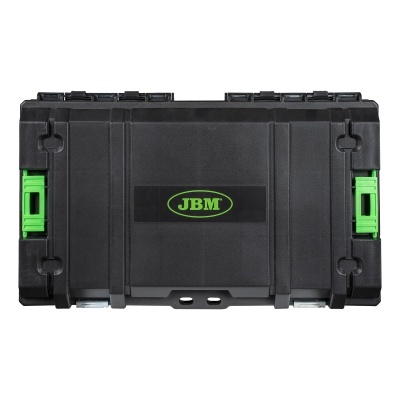 Mala de ferramentas preta com fecho verde e logótipo JBM no centro