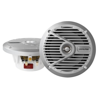 Colunas de áudio circulares cinza prateado com grelha frontal e logótipo Alpine