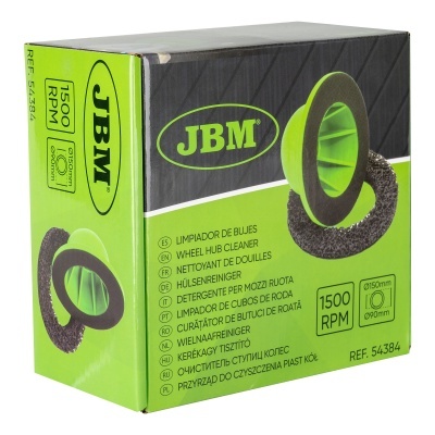 Embalagem de limpador de cubos JBM verde e preto com texto e imagem da ferramenta