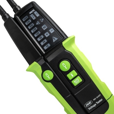 Testador de tensão elétrica preto e verde com visor e botões verdes