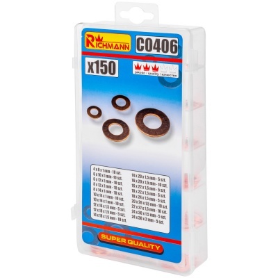 Caixa transparente de anilhas RICHMANN C0406 com 150 unidades, etiqueta colorida e medidas visíveis