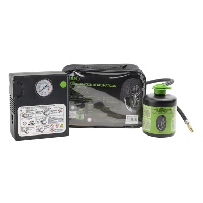 Kit de reparação de pneus com compressor, frasco verde e bolsa preta
