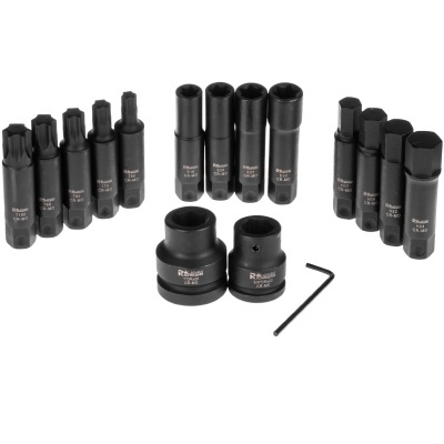 conjunto de chaves soquetes de aço preto com diferentes pontas e chave allen