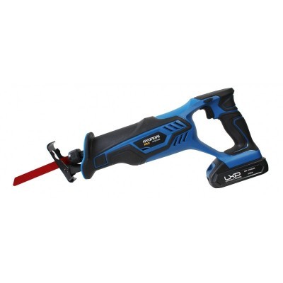 Serra tico-tico elétrica a bateria Hyundai azul e preta com lâmina vermelha