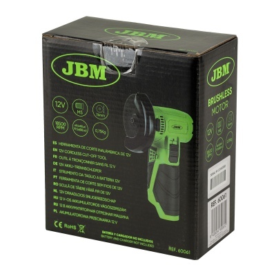 Caixa preta e verde de ferramenta de corte JBM sem fio com especificações e textos em várias línguas