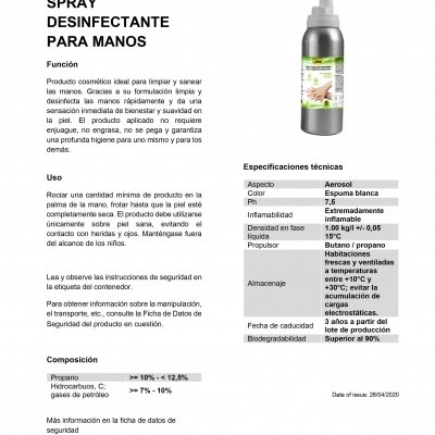 Spray desinfectante para mãos JBM em embalagem metálica com rótulo informativo