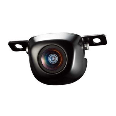 Câmara de vigilância preta com lente colorida e suporte metálico