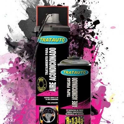 Produtos TRA TAUTO para ar condicionado automóvel com fundo artístico em preto e rosa