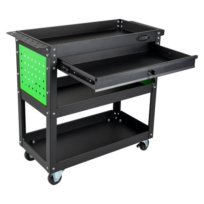 Carrinho de ferramentas metálico preto com gaveta aberta e painéis verdes