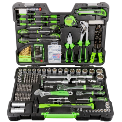 Conjunto de ferramentas completo organizado numa mala preta e verde